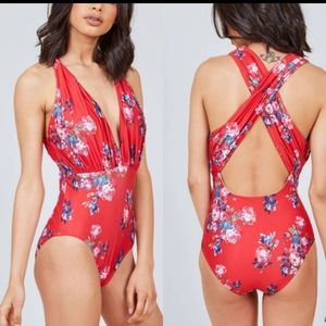 Modcloth Red Floral One-Piece Swimsuit